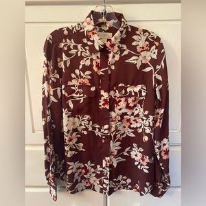 LOFT burgundy floral XS long sleeved front button blouse